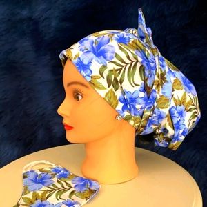 Blue Plumeria Scrub Cap and Mask